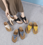 New 2025 summer women's shoes stitching simple wedge heel ethnic flower large size slippers for women - Image 6