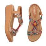 Ethnic style Bohemian retro beaded elastic band rhinestone wedge sandals for women
