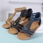 New 2025 Summer Sandals Women Bohemian Retro Beaded Zipper Rhinestone Roman Flat Sandals - Image 6