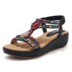 Ethnic style Bohemian retro beaded elastic band rhinestone wedge sandals for women - Image 3
