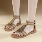 New 2025 Summer Sandals Women Bohemian Retro Beaded Zipper Rhinestone Roman Flat Sandals