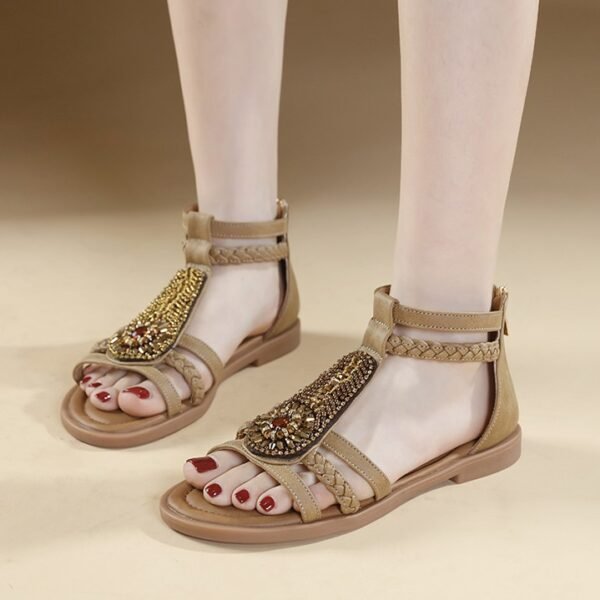New 2025 Summer Sandals Women Bohemian Retro Beaded Zipper Rhinestone Roman Flat Sandals