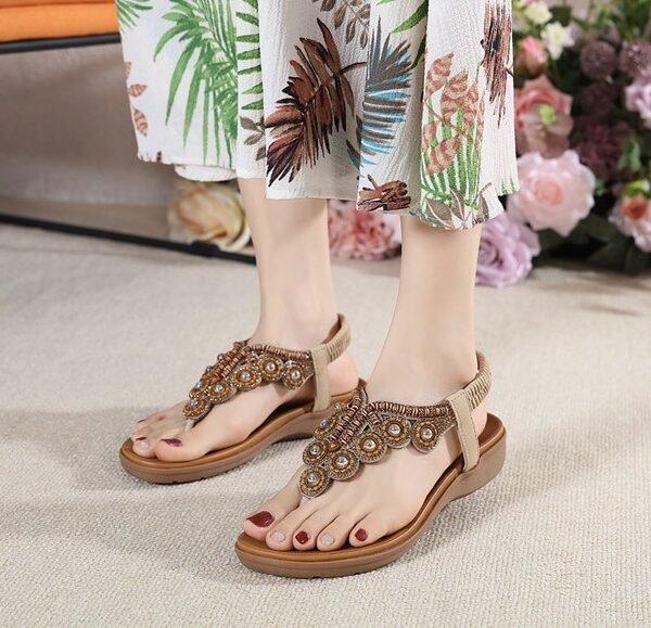 Summer New Bohemian Style Flip-Flops Beaded Rhinestone Buckle Elastic Heel Elastic Band Women's Shoes