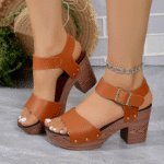 2025 autumn new thick heel non-slip women’s sandals one-word buckle strap fish mouth - Image 3